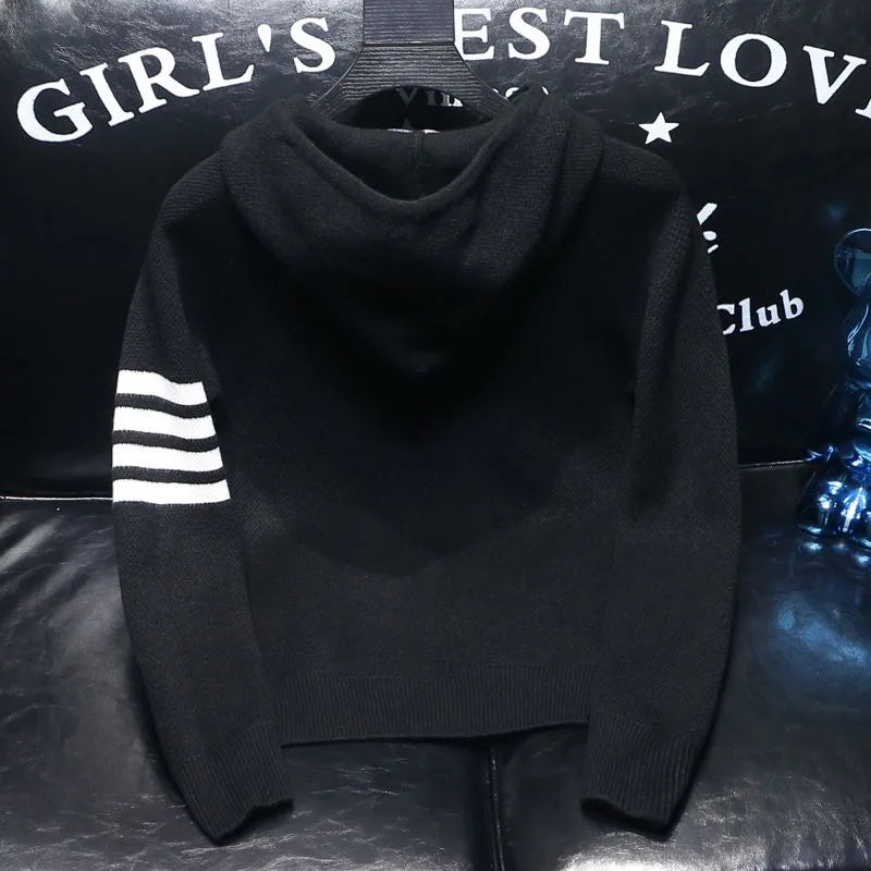 2025 Spring and Autumn New Fashion Trend Thickened Warm Striped Hooded Sweater Men's Casual Loose Sports High Quality Knitwear