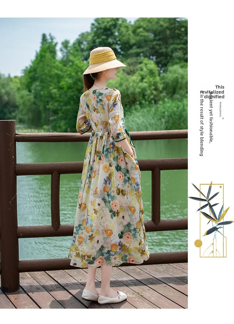 Women's Long Skirt Drawstring Waist Hemp Print A-Line Dress Korean Style Commute Flower Pattern V-Neck Summer Dress