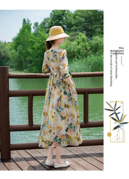 Women's Long Skirt Drawstring Waist Hemp Print A-Line Dress Korean Style Commute Flower Pattern V-Neck Summer Dress