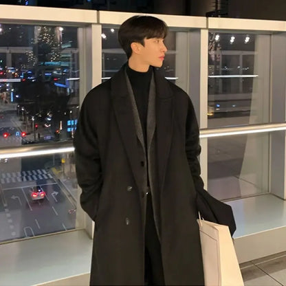 Lapel Men's Long Woolen Coat, Korean Midi-length Trench Coats, Solid Color Classsic Mans Winter Jacket