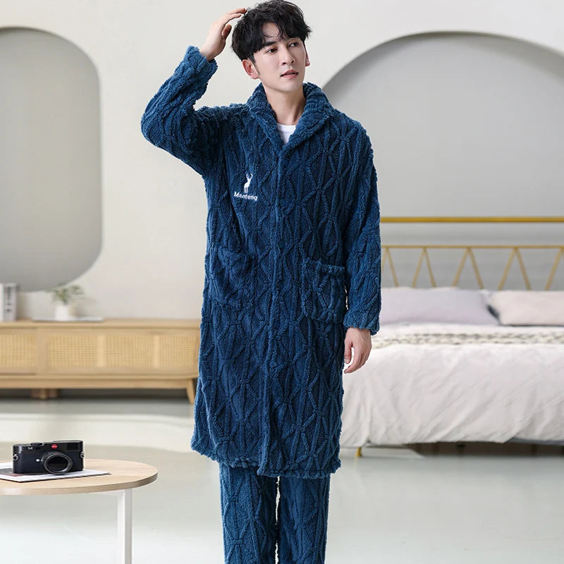 Winter Coral Velvet Men Sleepwear Button Cardigan Robes + Pants Thicken Flannel Bathrobe Male Long Sleeve Kimono Warm Home Wear