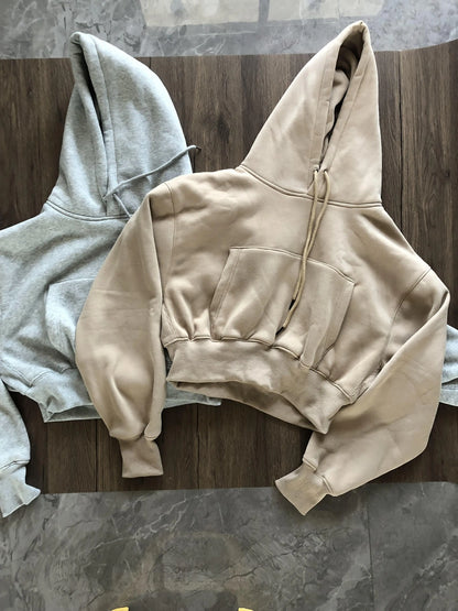 Basic Wear Black Charcoal Hoodies for Women Autumn Winter Loose Fleece Hooded Sweatshirts Streetwear Cropped Pullovers