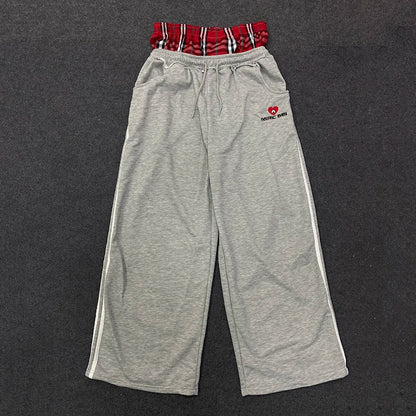 Women's Spring Checkered Double-Waisted Casual Pants Loose Street Fashion Sweatpants with Letter Embroidery
