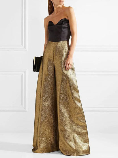 Women's Stylish Party Wear Pants Solid Gold High Waist A-line Wide Leg Pants Zippered Full-length Trousers Casual Pants