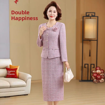 Spring 2026 New Style Small Fragrance Wind Fake Two-Piece Dress Set Elegant Ladylike Mommy Clothes Long Sleeve High Waist