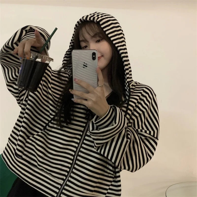 Trendy Striped Lazy Style Long Sleeve Sweatshirt Coat Autumn New Loose Mid-Length Open Cardigan Top Women's Fashion Outerwear