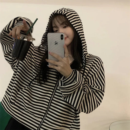 Trendy Striped Lazy Style Long Sleeve Sweatshirt Coat Autumn New Loose Mid-Length Open Cardigan Top Women's Fashion Outerwear