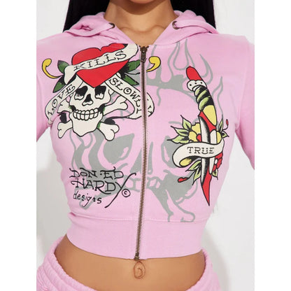 Elegant Fashionable Printed Long Sleeve Ladies Set Autumn Winter High Quality Comfortable Material Sweet Style Zipper Closure