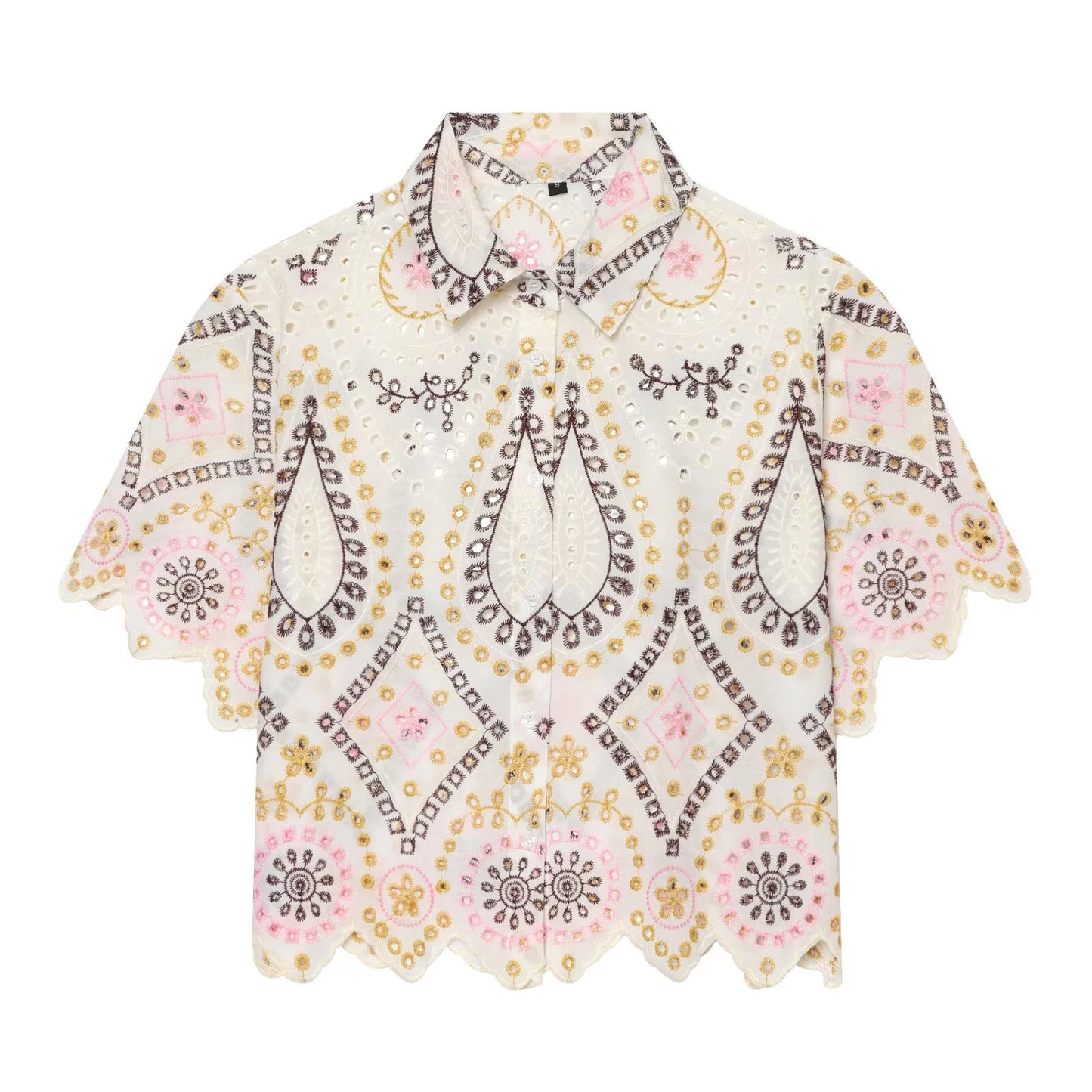 European and American 2026 summer new women's casual simple lapel short sleeved hollow embroidery short shirt