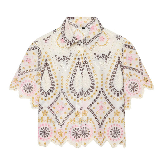 European and American 2026 summer new women's casual simple lapel short sleeved hollow embroidery short shirt