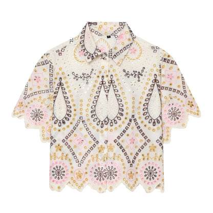 European and American 2026 summer new women's casual simple lapel short sleeved hollow embroidery short shirt