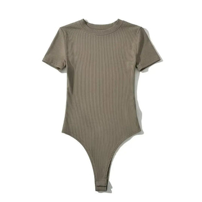 Summer Short Sleeve O-neck Knitted Bodysuits Women Stretchable Slim Basic Solid Color Tops