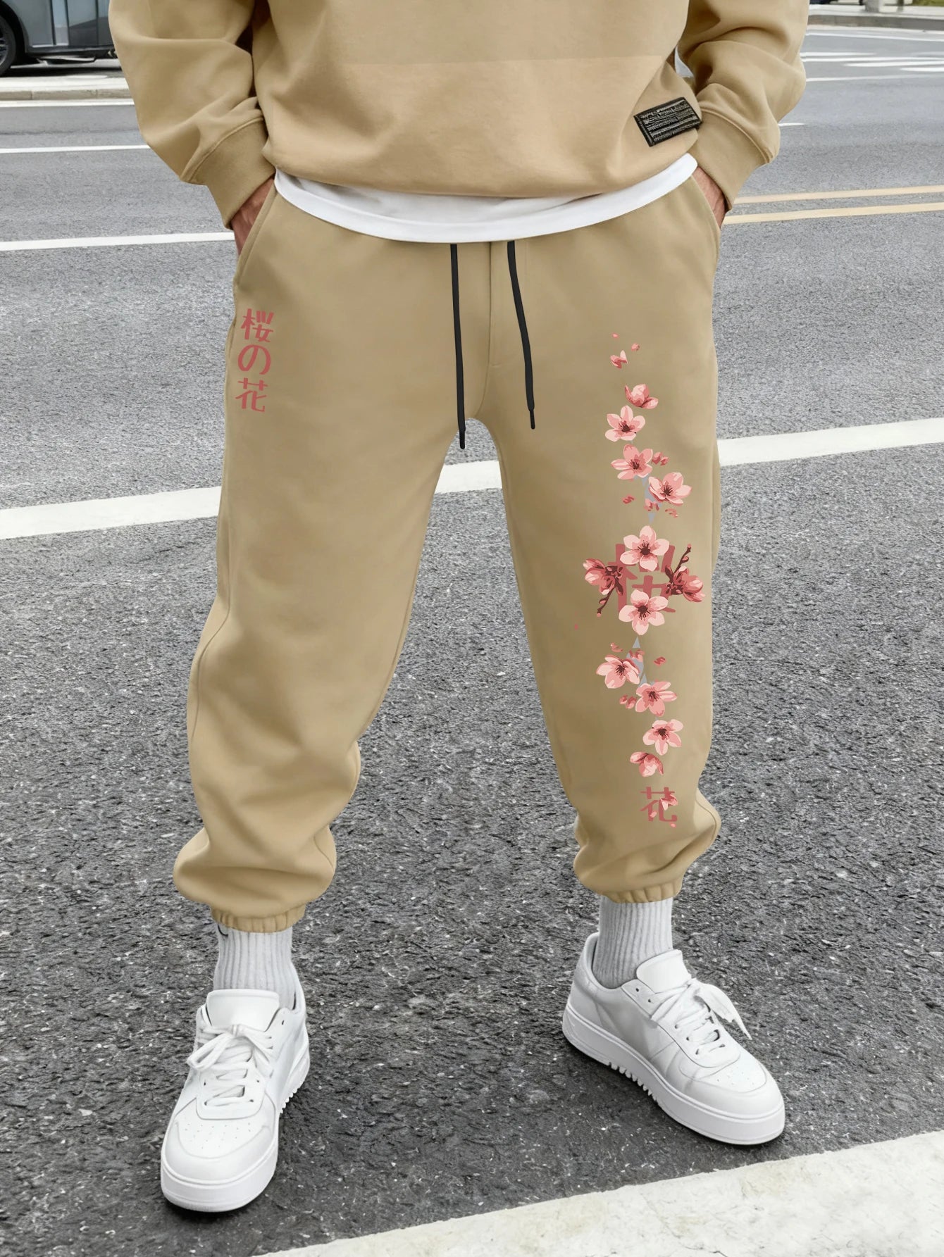 Men's Harajuku Sakura Cherry Blossom Japanese Kanji Print Sweatpants Elastic Waist Soft Daily Street Hip Hop Joggers