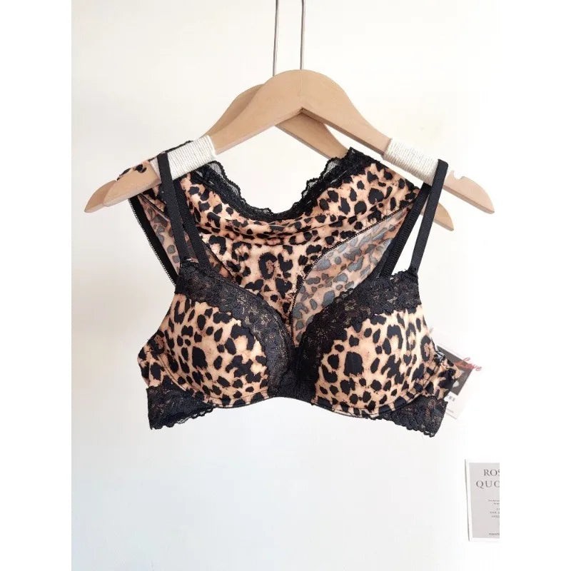 Sexy Leopard Print Lingerie Set Women Wireless Invisible Small Bust Lift, Adjustable A To C Cup, Sheer Lace Pure Style,soft S-XL