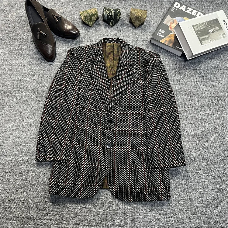 Vintage Unisex Woolen Suit Jacket Simple Casual Plaid Retro Style Warm Windproof Interview Commuting Business Casual Wear