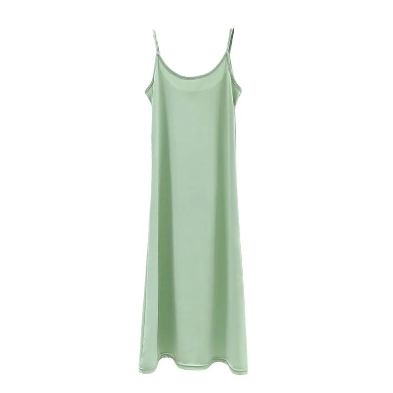 Summer Thin Ice Silk A-Line Dress Women's Casual Long Gown Inner Wear Vest Dress plus Size Korean Style Loose Waist Design