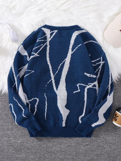 Street Graffiti Pattern Pullover Sweater, Casual Round-Neck Knit Men's Pullover, Suitable for Everyday Wear, Unisex Top for Going Out, Regular Fit, Suitable for Autumn and Winter