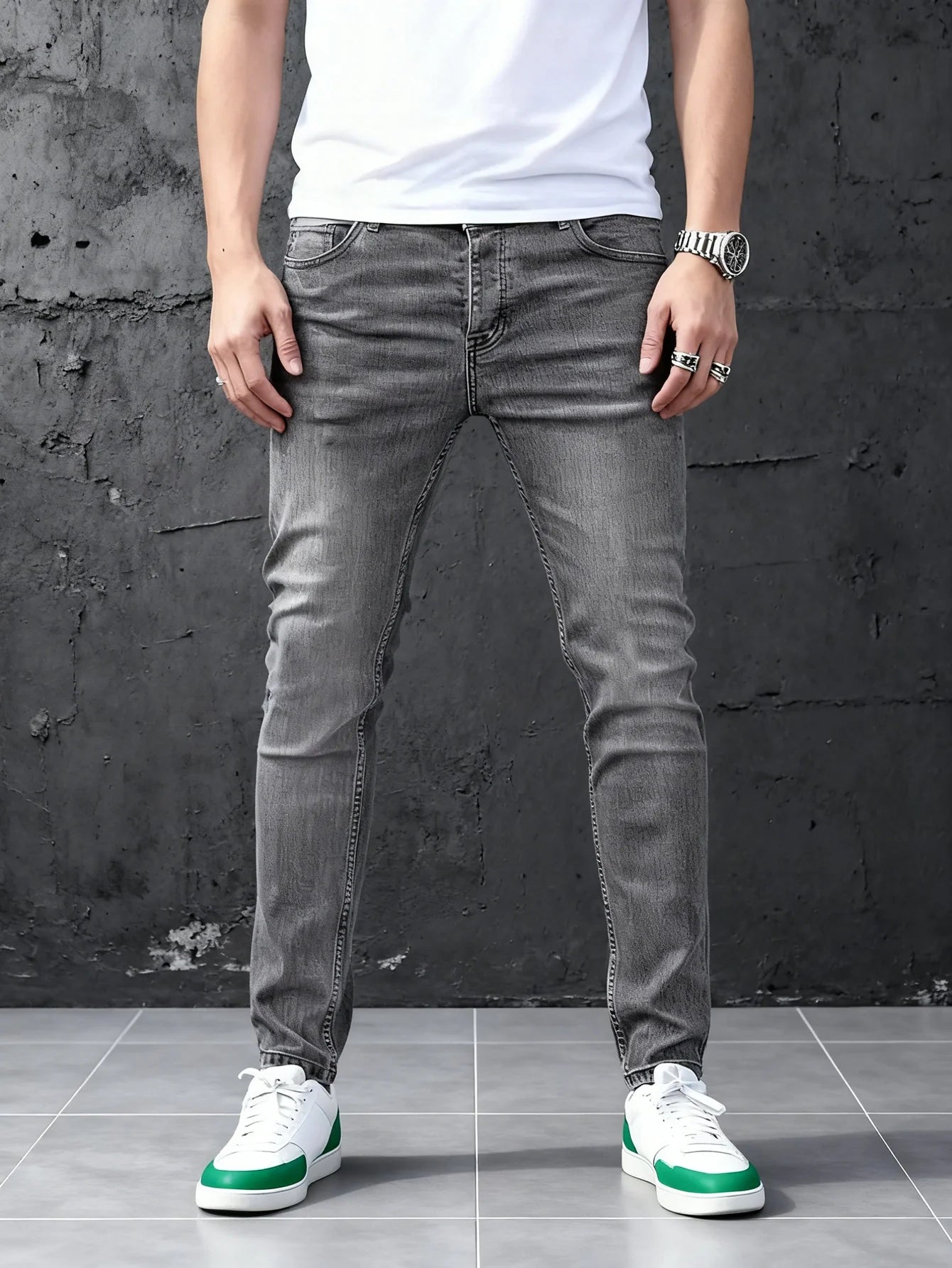 Fashion-forward Gray Y2K Men's Slim Jeans Original Drip Style Denim Pants No accessories or belts included