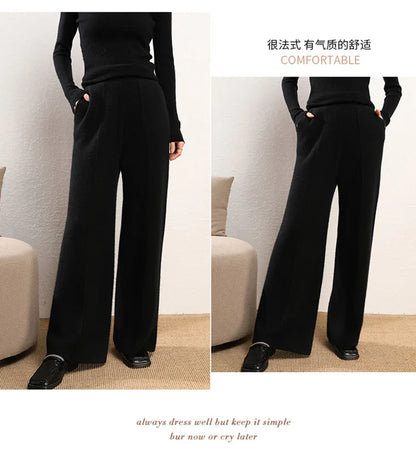 Women's 100% Cashmere Wide Leg Pants Knitted Thick Autumn/Winter Casual Solid Color Elastic Waistband Pockets
