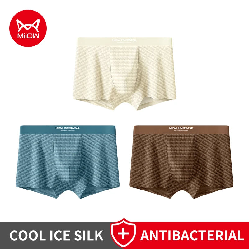 MiiOW 3Pcs Jacquard Ice Silk Men Boxer Briefs 10A Antibacterial Men's Panties Breathable Underwear Softness Man Boxer Underpants
