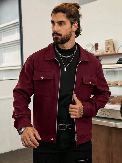 2025 Autumn/Winter New Solid Color Men's Woolen Coat Fashion Zipper College Style Jacket