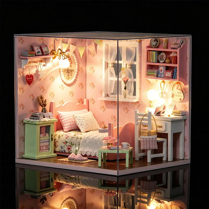 DIY Wooden Miniature Doll House Kit 3D Puzzle Assembly Building Kits With Dust Covers Furniture LED Dollhouse Toys For Gifts