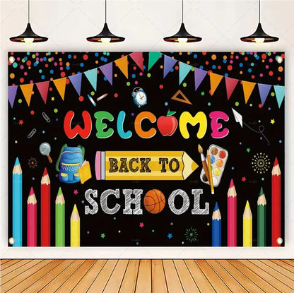 Welcome Back To The School Blackboard, Pencil Banner Backdrop, Holiday Education Theme Decoration, Photography Background Cloth