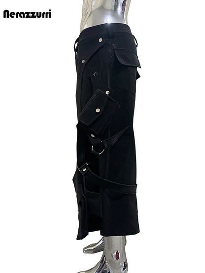 Nerazzurri Summer Matte Black Cargo Calf Length Straight Pants for Men with 3D Pockets High Waist Luxury Designer Emo Clothes