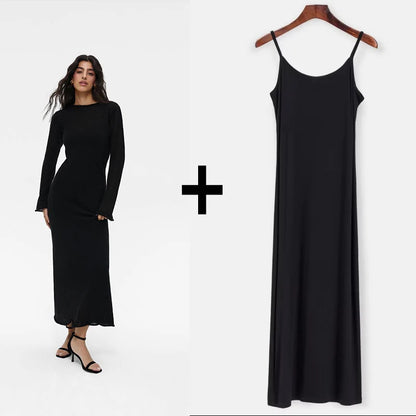 Spring Autumn O-Neck Elastic Knit Long Dresses Women 2024 Elegant Chic Soft Lady Hollowing Sweater Dresses Femme New