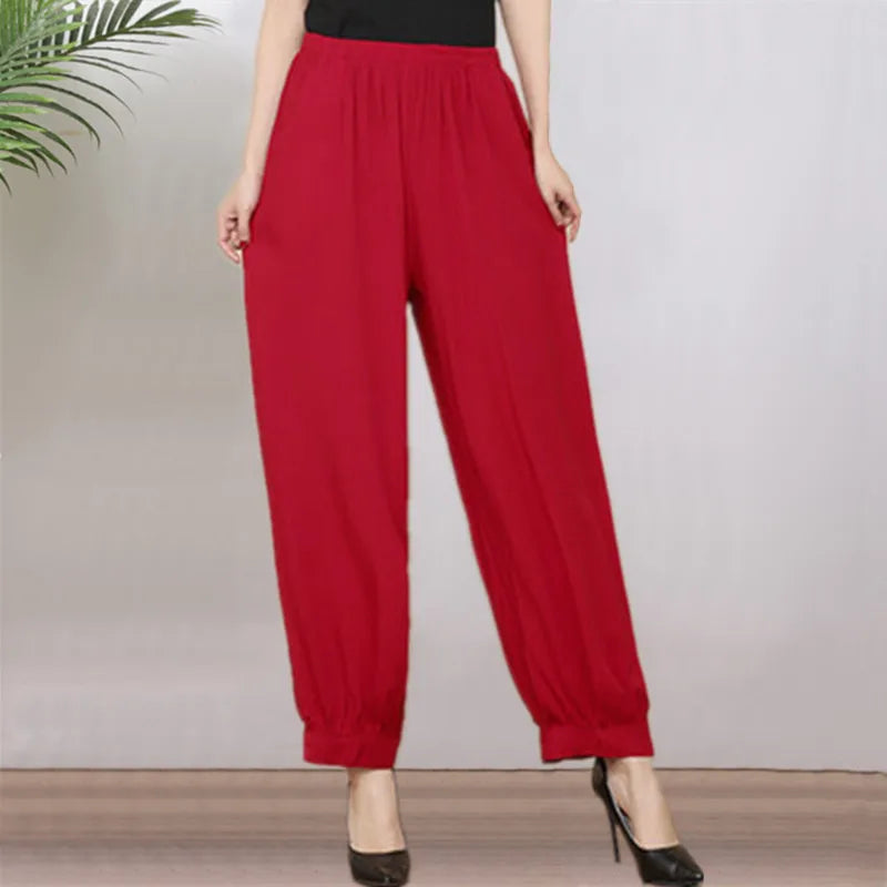 High Waist Lantern Pants Casual Cotton Silk Large Size Printed Long Trousers for Middle-Aged And Elderly Women