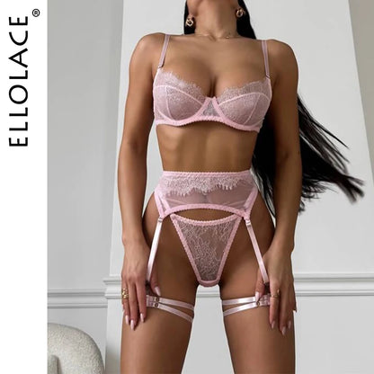 Ellolace Fancy Lingeries Sexy Hot Elegant Bra 3PC Set with Leg Circles Sissy Solid Color Intimate Eyelash Lace Patchwork Costume