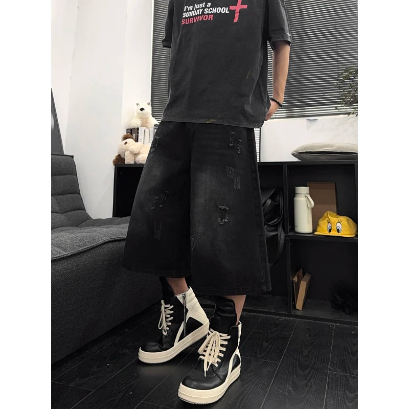 Unisex American Ins High Street Loose Straight Seven-Point Jeans Ripped Distressed Denim Shorts Summer Casual Streetwear