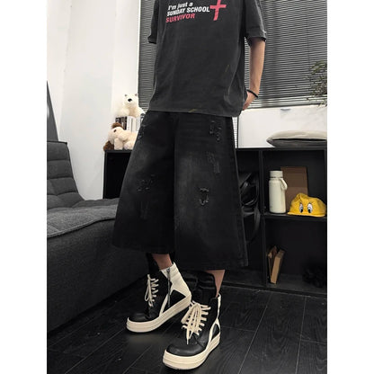 Unisex American Ins High Street Loose Straight Seven-Point Jeans Ripped Distressed Denim Shorts Summer Casual Streetwear