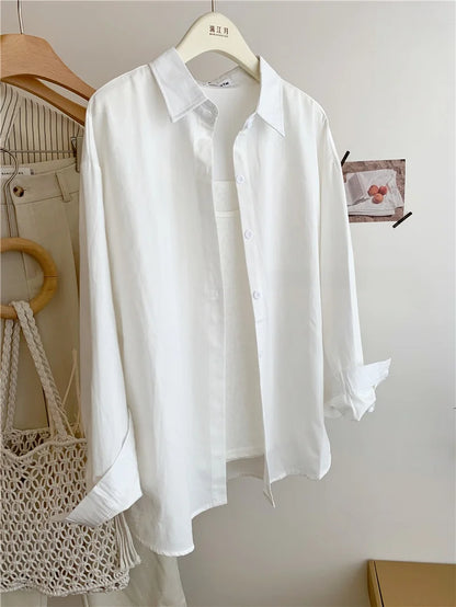 Spring Autumn Design Sensual Casual Versatile Slimming Outerwear Shirt Loose Fit Long Sleeve Polyester Flip Collar Women's Shirt