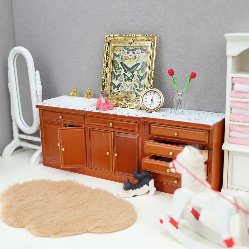 Dollhouse Miniature Retro Wood Cabinet Cupboard Sink Cabinet Locker with Drawer for Dollhouse Kitchen Living Room Furniture Toys