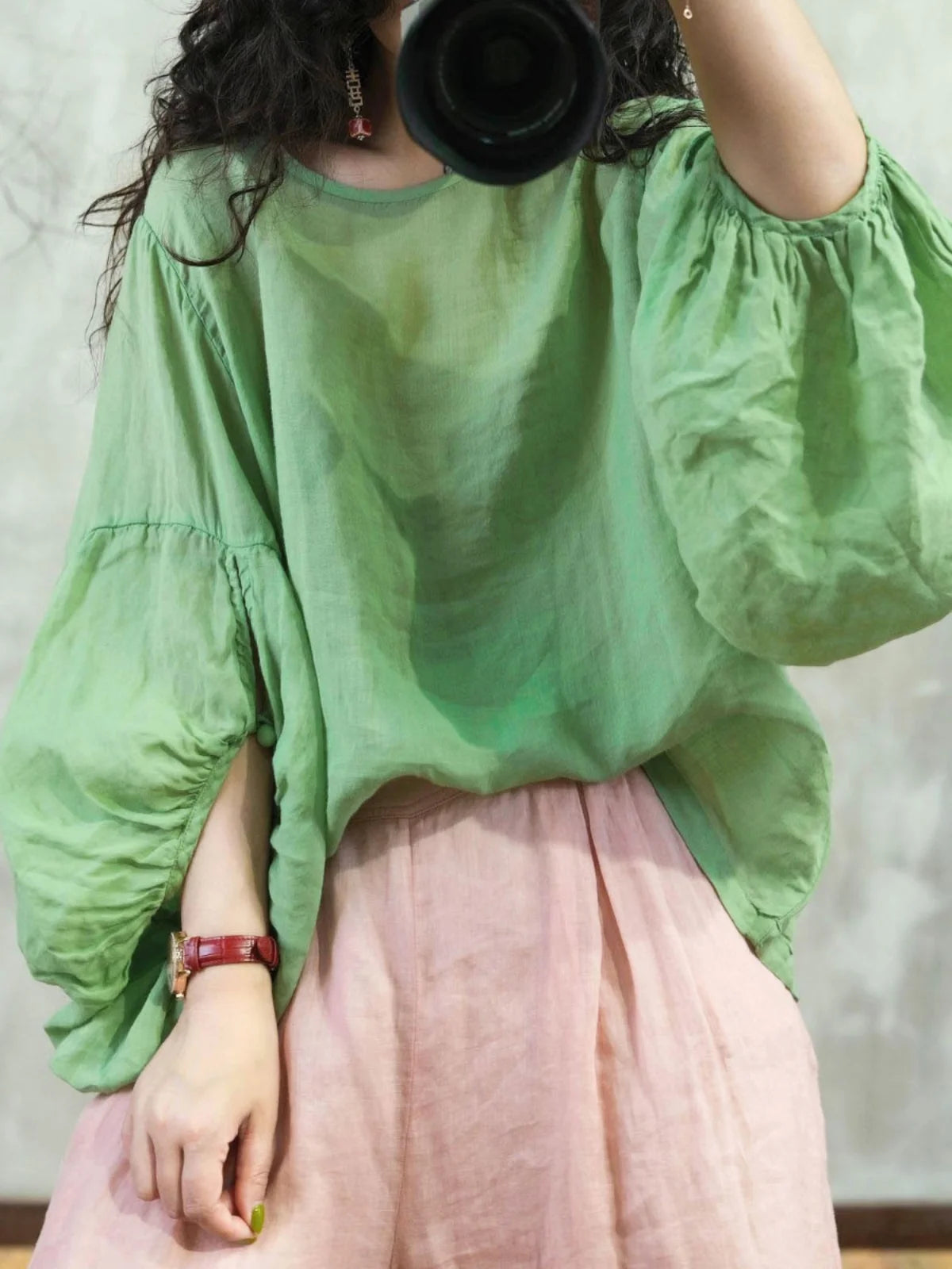 Elegant round Neck Lantern Sleeve Shirt Women's Casual Slimming Cotton Linen Fashionable Top High-End Brand New Style