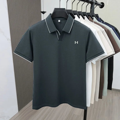 New Summer Men Striped Trim Collar Polo Shirt, Solid Quick Dry Breathable Plain Short Sleeve Top Mens Apparel