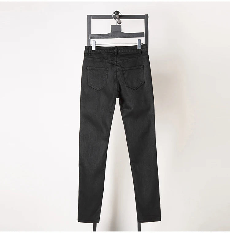 High Street Dark Ro Jeans Pants Classic Men's High Street Dark RO Wax Coating Process Slim Fit Basic Simple Long Denim Pants