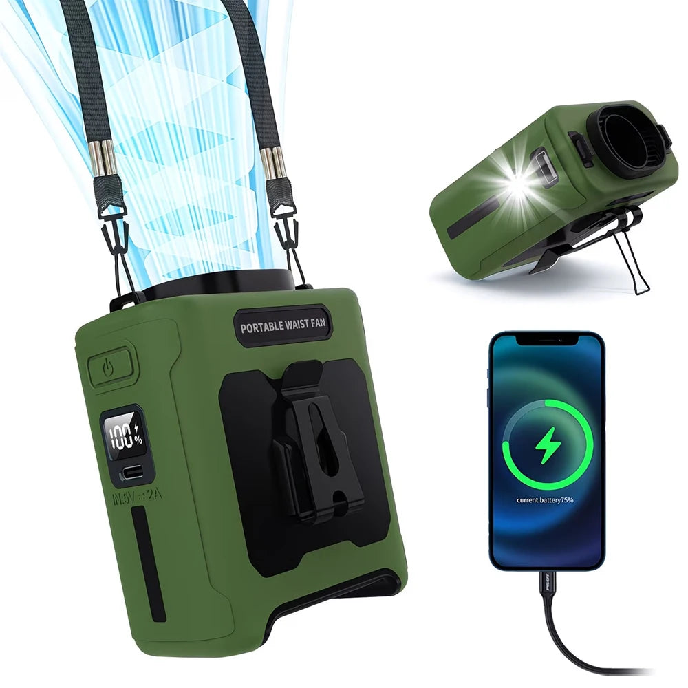 3-in-1 Waist Fan with Power Bank & Flashlight 10000mAh Strong Wind Neck Hanging Fan Portable Outdoor Mini Fan