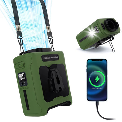 3-in-1 Waist Fan with Power Bank & Flashlight 10000mAh Strong Wind Neck Hanging Fan Portable Outdoor Mini Fan