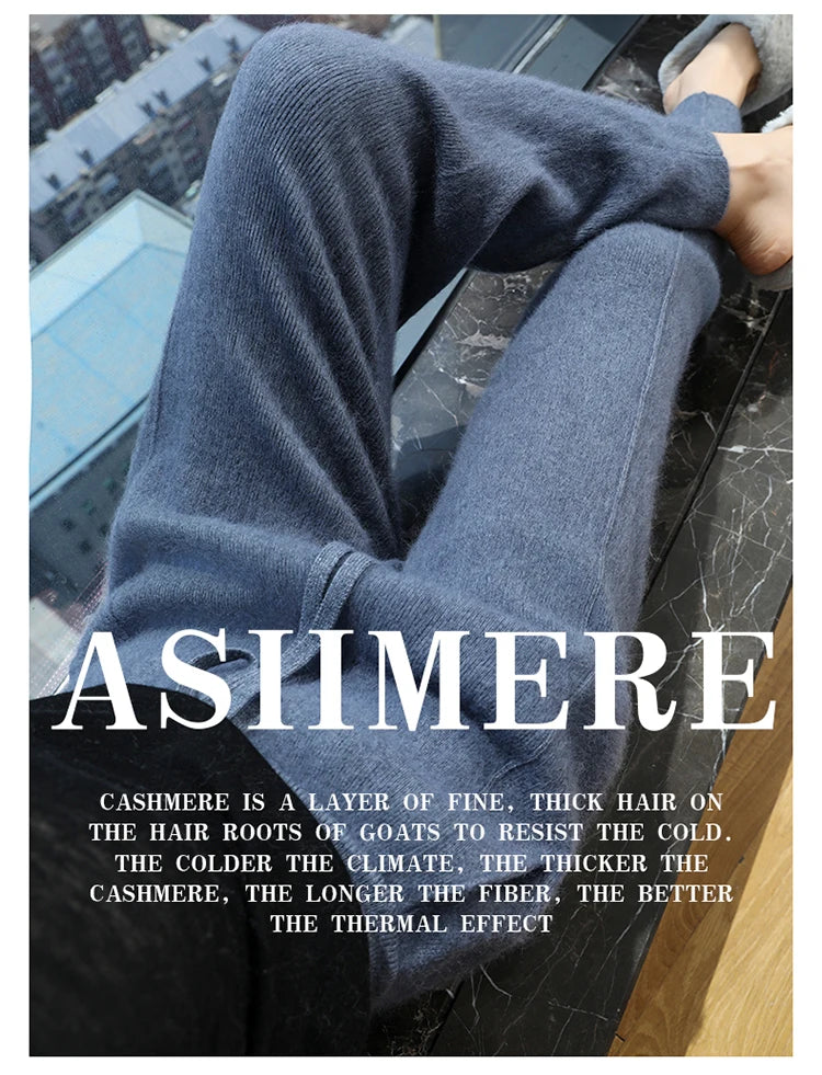 100% mink wool knitted high-waisted pencil pants women's casual autumn and winter new warm solid color thick cashmere pants