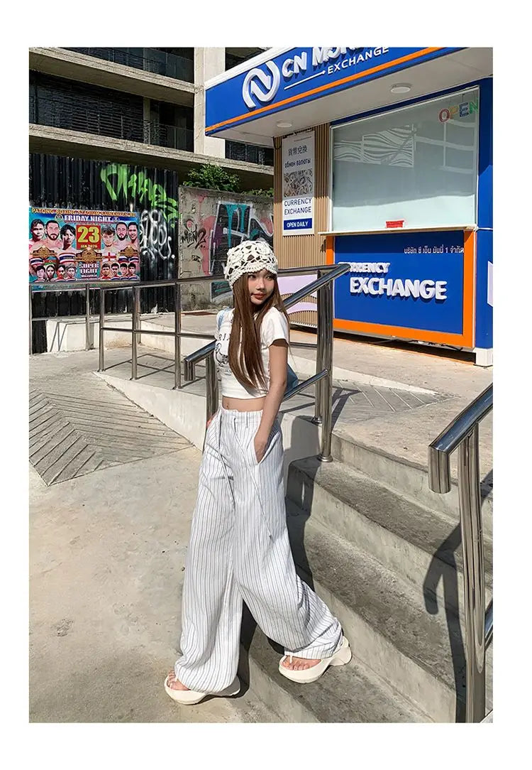 High-waist loose wide-leg pants, spring and summer new drawstring vertical striped versatile straight-leg casual pants for women
