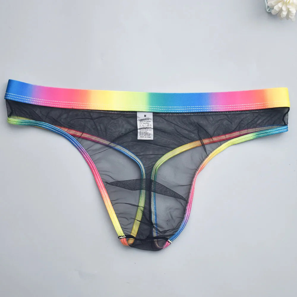 Transparent Mesh Men's Thongs with Rainbow Waistband - Sexy Breathable Underwear Perfect for Special Nights & Casual Use