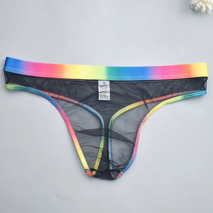 Transparent Mesh Men's Thongs with Rainbow Waistband - Sexy Breathable Underwear Perfect for Special Nights & Casual Use