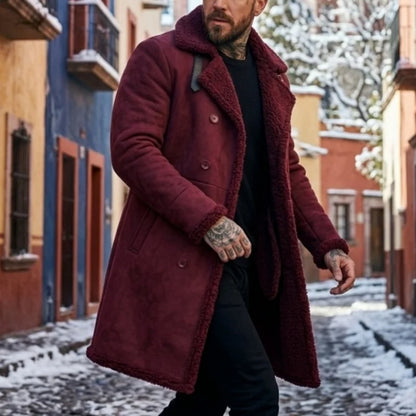 Men’s Winter Fleece-Lined Jacket Thickened Faux Fur Windproof Coat Double-Breasted Belted Trench  Outdoor Hunting Hiking Male