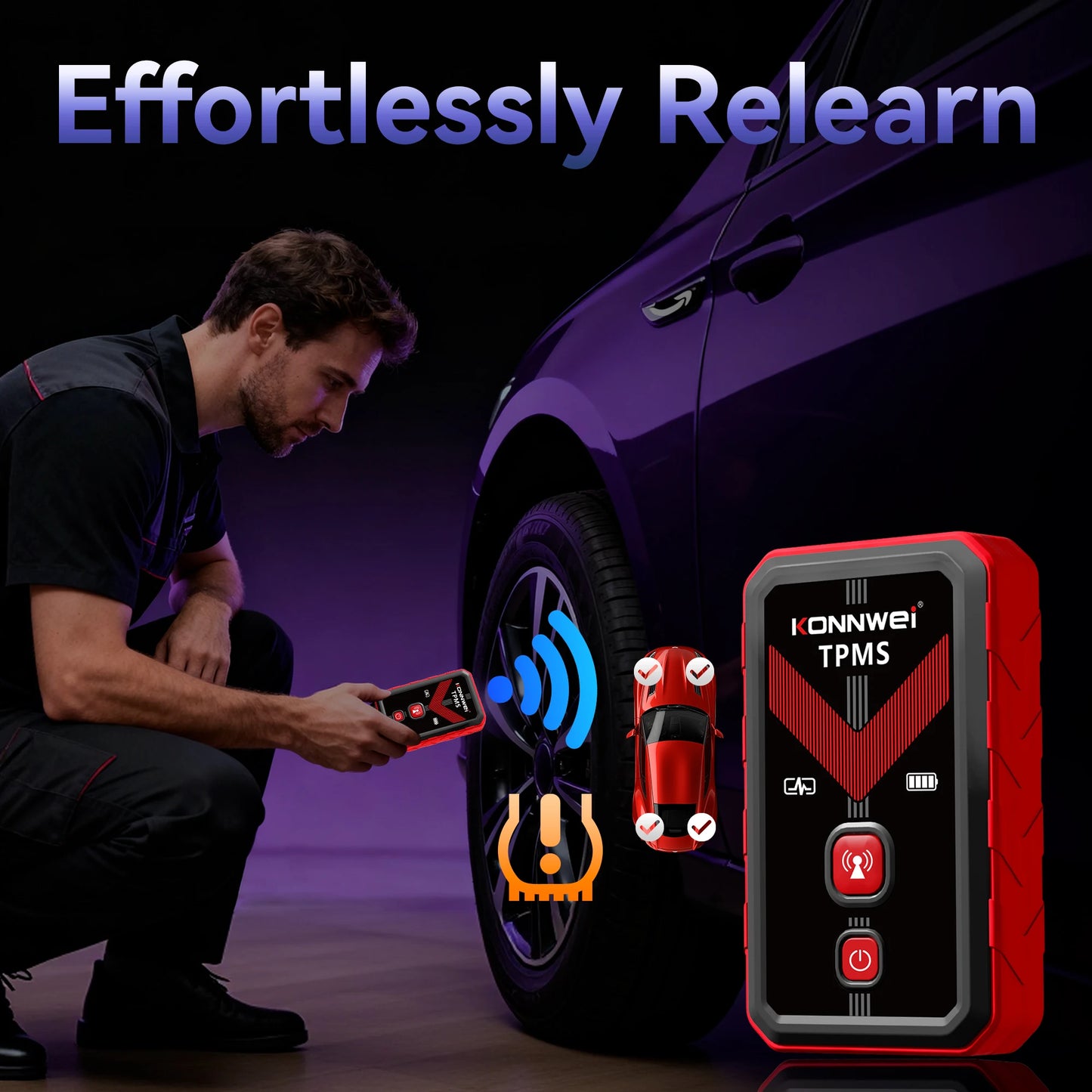2026 KONNWEI TK100 TPMS Car Tire Pressure Diagnostic Tool Relearn Program 2PCS 315/433Mhz Sensor For ios Android TPMS Programing
