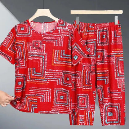 Ice Silk Two-Piece Set for Mom Summer Casual Short Sleeve Large Size Elderly Women's Fashionable Stripe And Plaid Ensemble