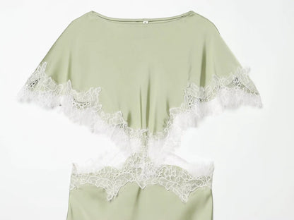 New Women Sexy Cut Out Dresses Solid Lace Spliced Short Cape Sleeve Asymmetric Midi Dresses Summer Ladies Elegant Party Dress