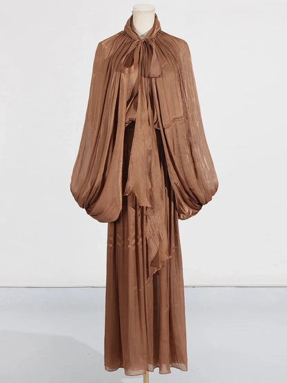 VGH Minimalist Spliced Folds Maxi Dresses for Women Scarf Collar Lantern Sleeve Loose Waist Casual Temperament Dress Female New