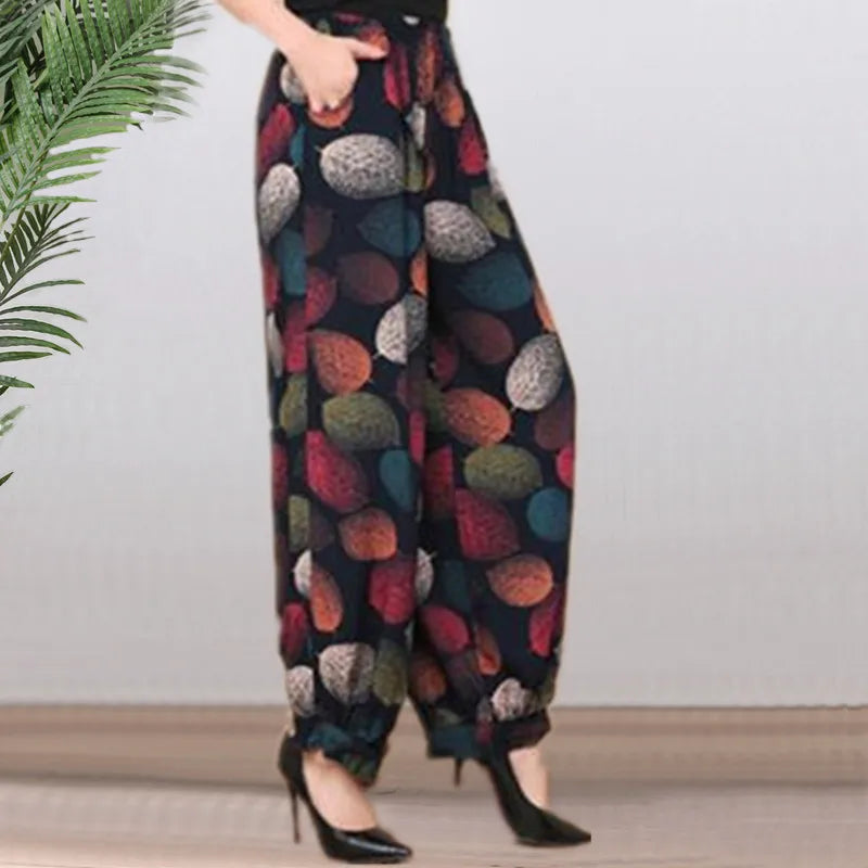 High Waist Lantern Pants Casual Cotton Silk Large Size Printed Long Trousers for Middle-Aged And Elderly Women